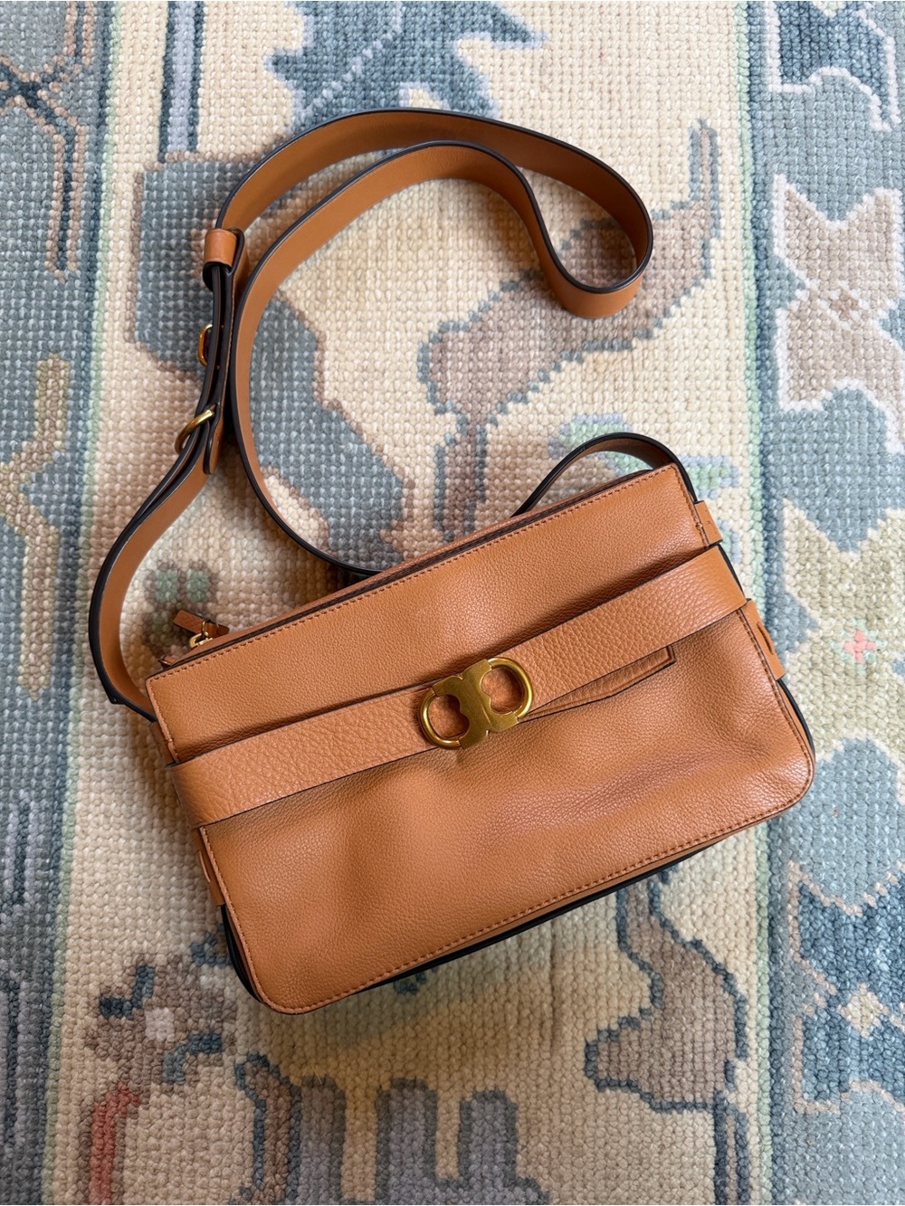 Tory Burch Gemini Caramel Leather Crossbody Bag with Gold Hardware